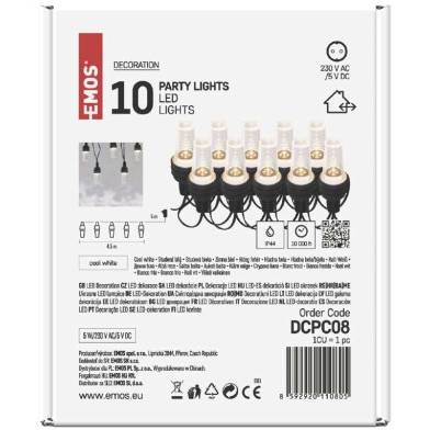 EMOS DCPC08 LED svetelná reťaz - 10x párty žiarovky, 4,5 m, vnútorné a vonkajšie, studená biela