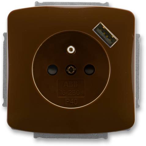 ABB 5569A-A02357 H Zásuvka 1násobná s kolíkem, s clonkami, s USB nabíjením hnědá