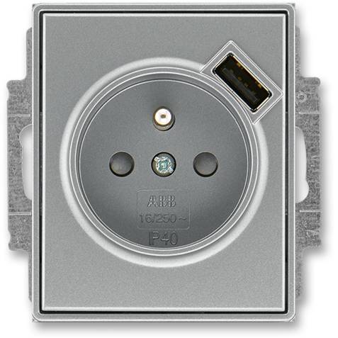 ABB 5569E-A02357 36 jednozásuvka s kolíkem a USB nabíjením ocelová