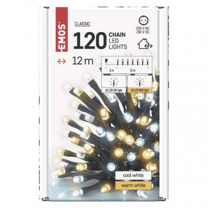 EMOS D4AN05 LED vianočná reťaz, 12 m, vnútorná a vonkajšia, teplá/studená biela, časovač