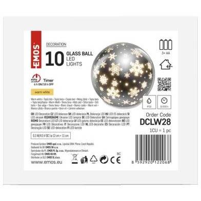 EMOS DCLW28 LED vánoční skleněná koule – vločky, 12 cm, 3x AA, vnitřní, teplá bílá, časovač