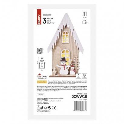 EMOS DCWW18 LED drevená dekorácia - domček so snehuliakmi, 28,5 cm, 2x AA, vnútorná, teplá biela, časovač