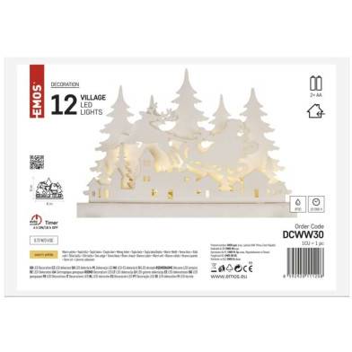 EMOS DCWW30 LED drevená dekorácia - vianočná dedinka, 31 cm, 2x AA, vnútorná, teplá biela, časovač
