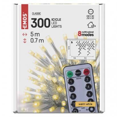 EMOS Lighting D4CW02 LED vánoční rampouchy, 5 m, venkovní i vnitřní, teplá bílá, ovladač, programy, časovač