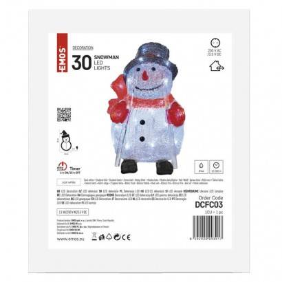 EMOS Lighting DCFC03 LED vianočný snehuliak, 28 cm, vnútorný a vonkajší, studená biela, časovač