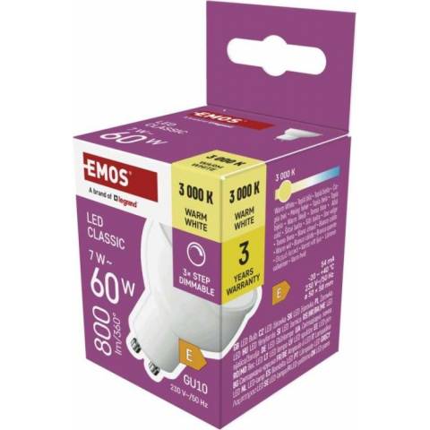 EMOS ZQ8E42S LED žárovka Classic MR16 / GU10 / 7 W (60 W) / 800 lm / teplá bílá / krokově stmívatelná