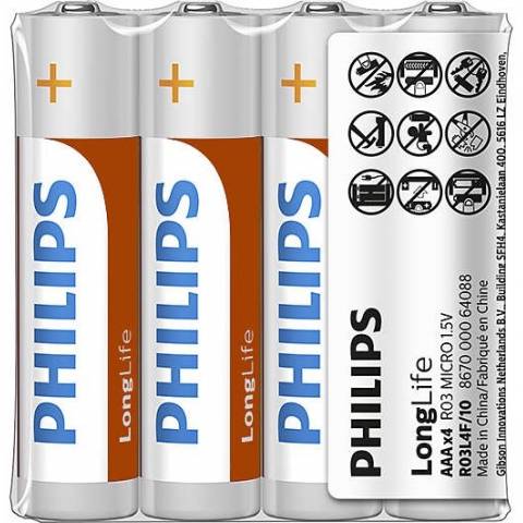 Philips tužková baterie R03 LONGLIFE AAA folie /4ks