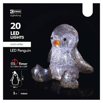 EMOS Lighting ZY2348 LED vánoční tučňák, 20cm, 3× AA, vnitřní, studená bílá, čas.